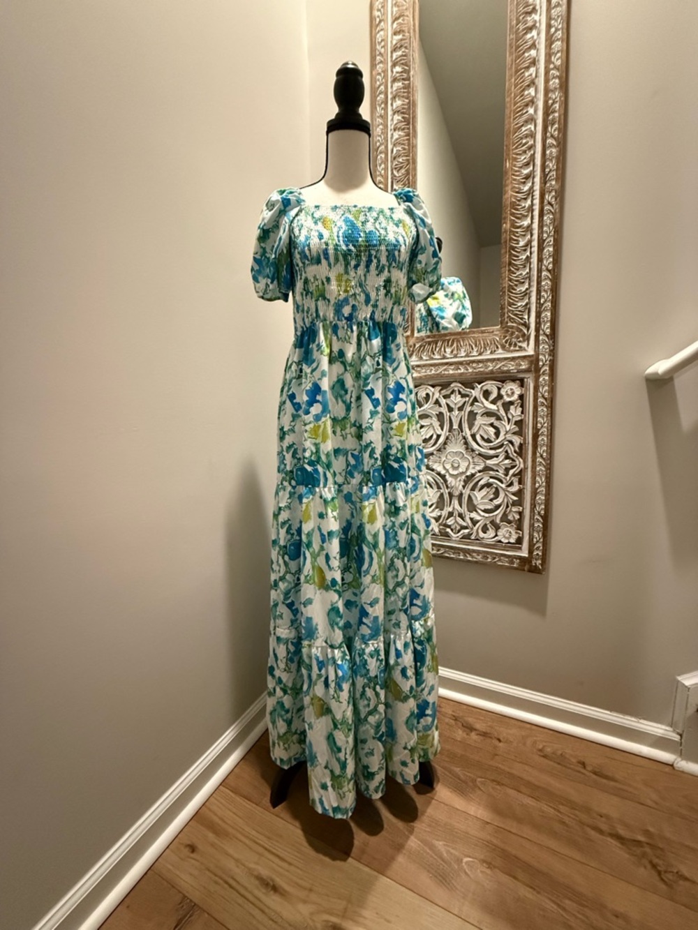 Floral Puff-Sleeve Maxi Dress - Blue & Green